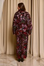 Σετ φόρμα ζακέτα - παντελόνι με floral σχέδιο και παγιέτες καφέ