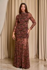 Φόρεμα maxi floral print με mock neck καφέ - Image 3