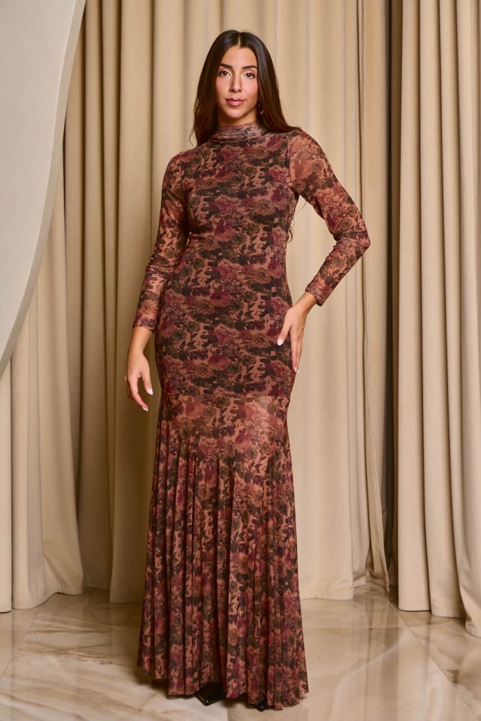 Φόρεμα maxi floral print με mock neck καφέ - Image 3