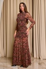 Φόρεμα maxi floral print με mock neck καφέ - Image 4