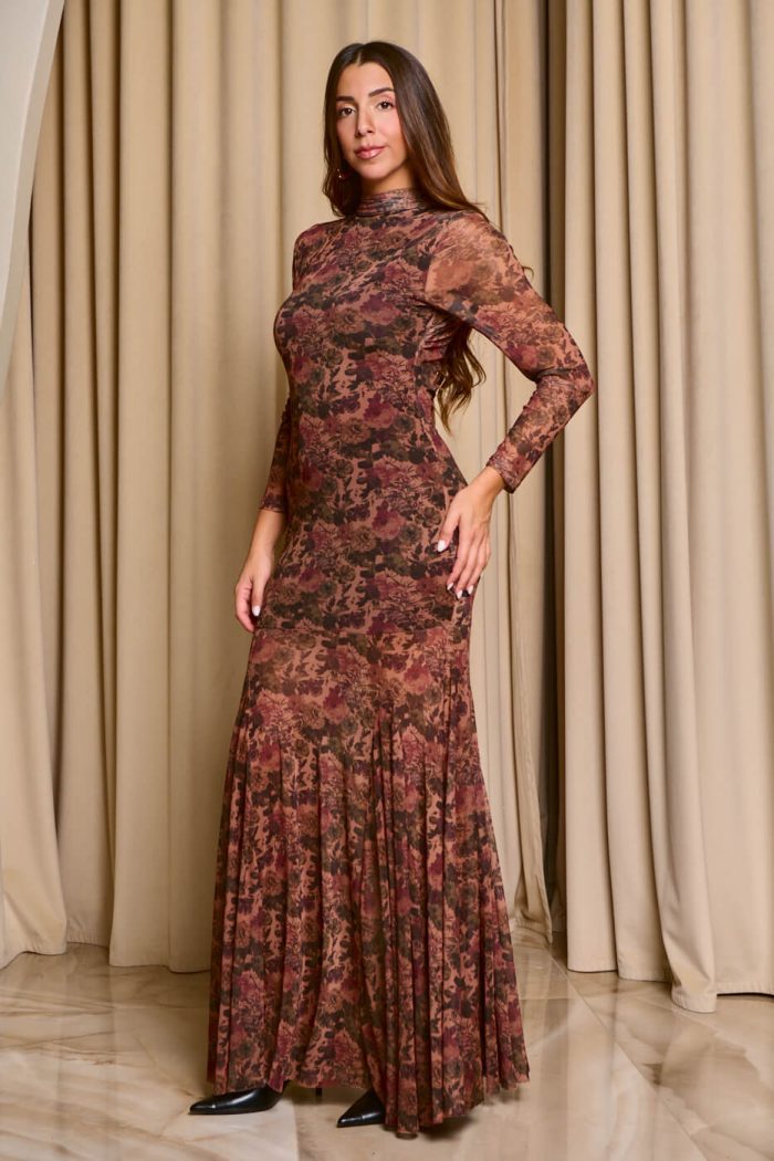 Φόρεμα maxi floral print με mock neck καφέ - Image 4