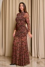 Φόρεμα maxi floral print με mock neck καφέ - Image 5