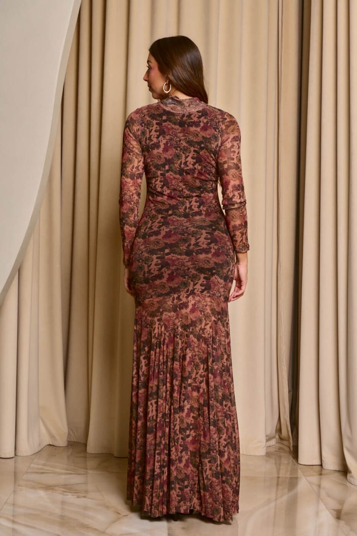 Φόρεμα maxi floral print με mock neck καφέ - Image 6