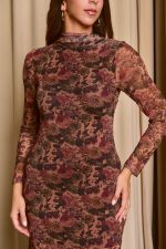 Φόρεμα maxi floral print με mock neck καφέ - Image 7