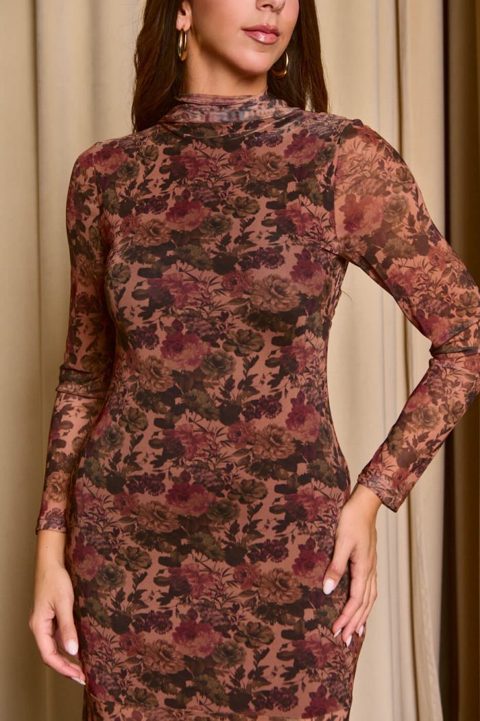 Φόρεμα maxi floral print με mock neck καφέ - Image 7