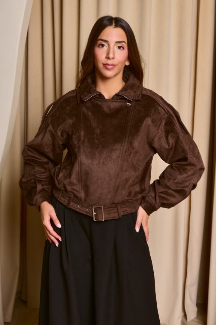 Τζάκετ suede με ζωνάκι ραμμένο καφέ