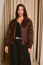 Τζάκετ suede με ζωνάκι ραμμένο καφέ