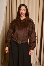 Τζάκετ suede με ζωνάκι ραμμένο καφέ