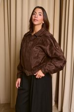 Τζάκετ suede με ζωνάκι ραμμένο καφέ