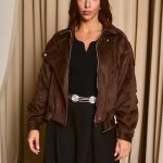 Τζάκετ suede με ζωνάκι ραμμένο καφέ