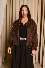 Τζάκετ suede με ζωνάκι ραμμένο καφέ