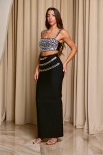 Σετ crop top - φούστα με διακοσμητικούς κρυστάλλους μαύρο