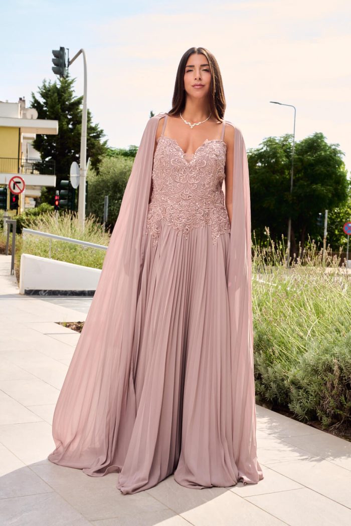 Φόρεμα maxi πλισέ με κεντημένα floral σχέδια dusty pink - Image 3