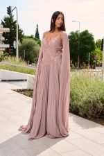 Φόρεμα maxi πλισέ με κεντημένα floral σχέδια dusty pink - Image 4