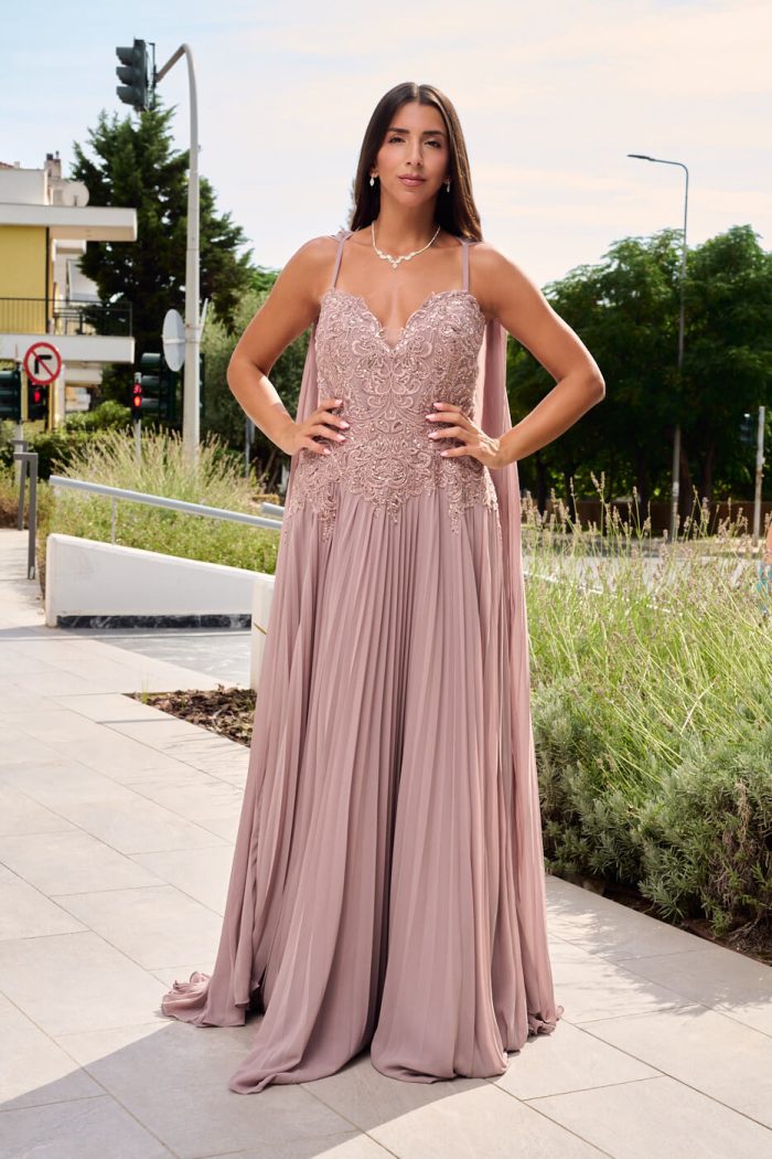 Φόρεμα maxi πλισέ με κεντημένα floral σχέδια dusty pink - Image 5