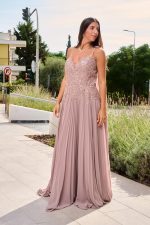 Φόρεμα maxi πλισέ με κεντημένα floral σχέδια dusty pink - Image 6