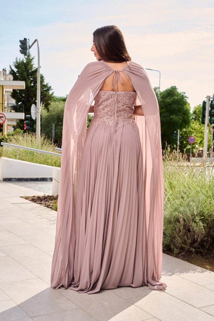 Φόρεμα maxi πλισέ με κεντημένα floral σχέδια dusty pink - Image 8