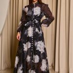 Φόρεμα maxi floral print με λευκά στρας μαύρο