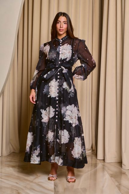 Φόρεμα maxi floral print με λευκά στρας μαύρο