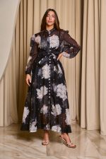 Φόρεμα midi floral print με λευκά στρας μαύρο - Image 3