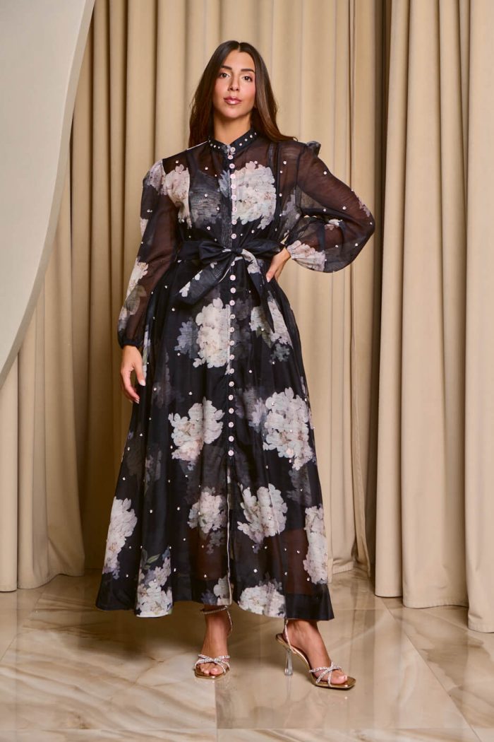 Φόρεμα midi floral print με λευκά στρας μαύρο - Image 3