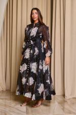Φόρεμα midi floral print με λευκά στρας μαύρο - Image 4