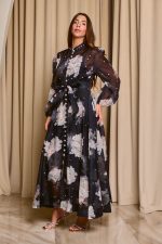 Φόρεμα midi floral print με λευκά στρας μαύρο - Image 5