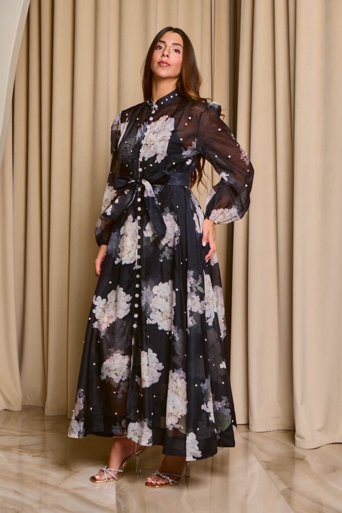 Φόρεμα midi floral print με λευκά στρας μαύρο - Image 5