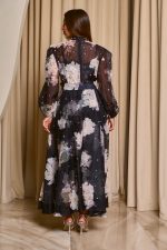 Φόρεμα midi floral print με λευκά στρας μαύρο - Image 6