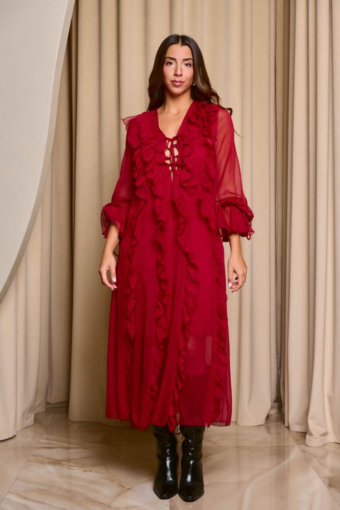 Φόρεμα maxi see through με φραμπαλά κόκκινο - Image 2
