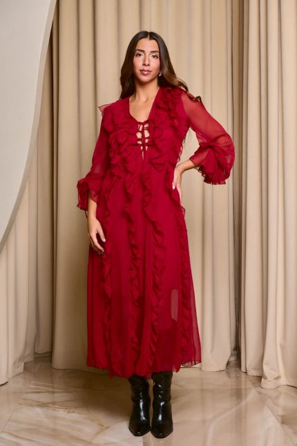 Φόρεμα maxi see through με φραμπαλά κόκκινο