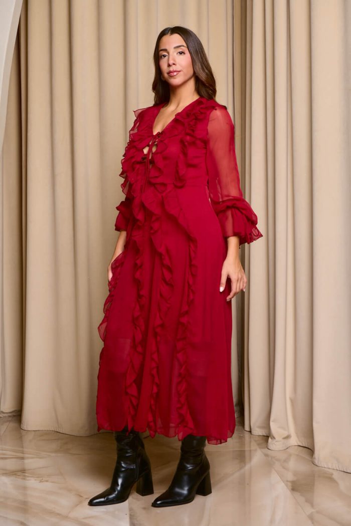 Φόρεμα maxi see through με φραμπαλά κόκκινο - Image 4