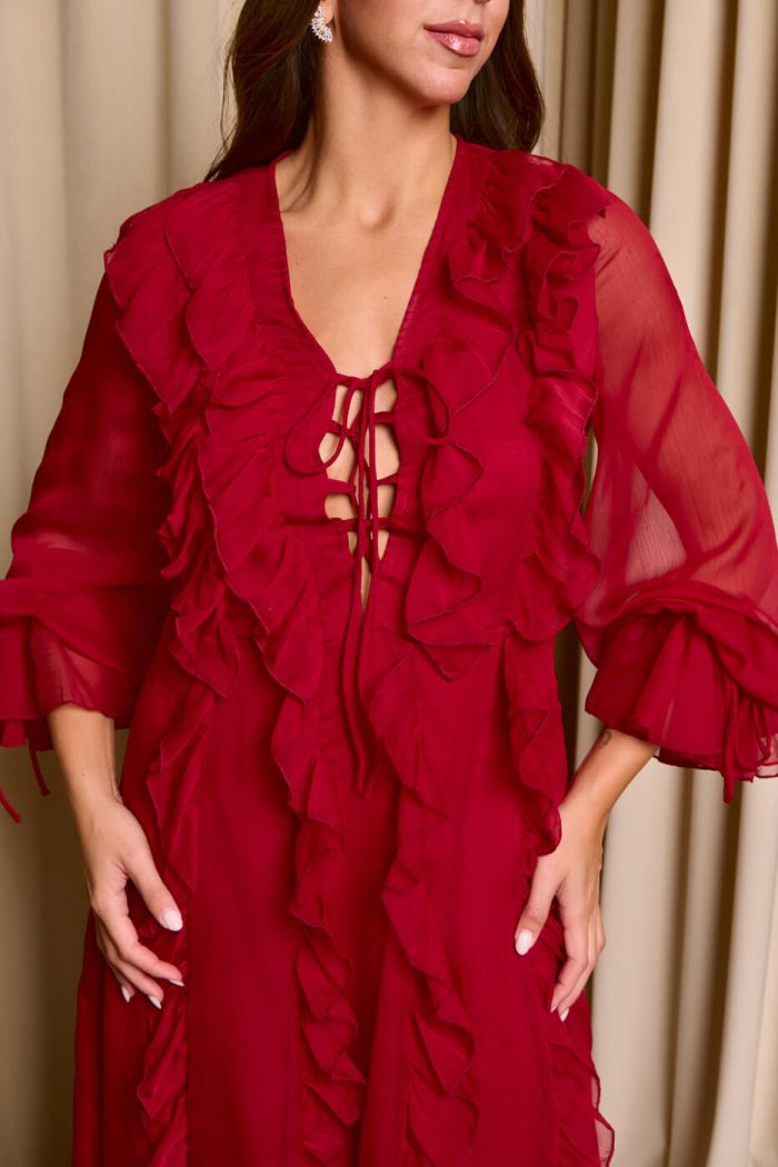 Φόρεμα maxi see through με φραμπαλά κόκκινο - Image 7