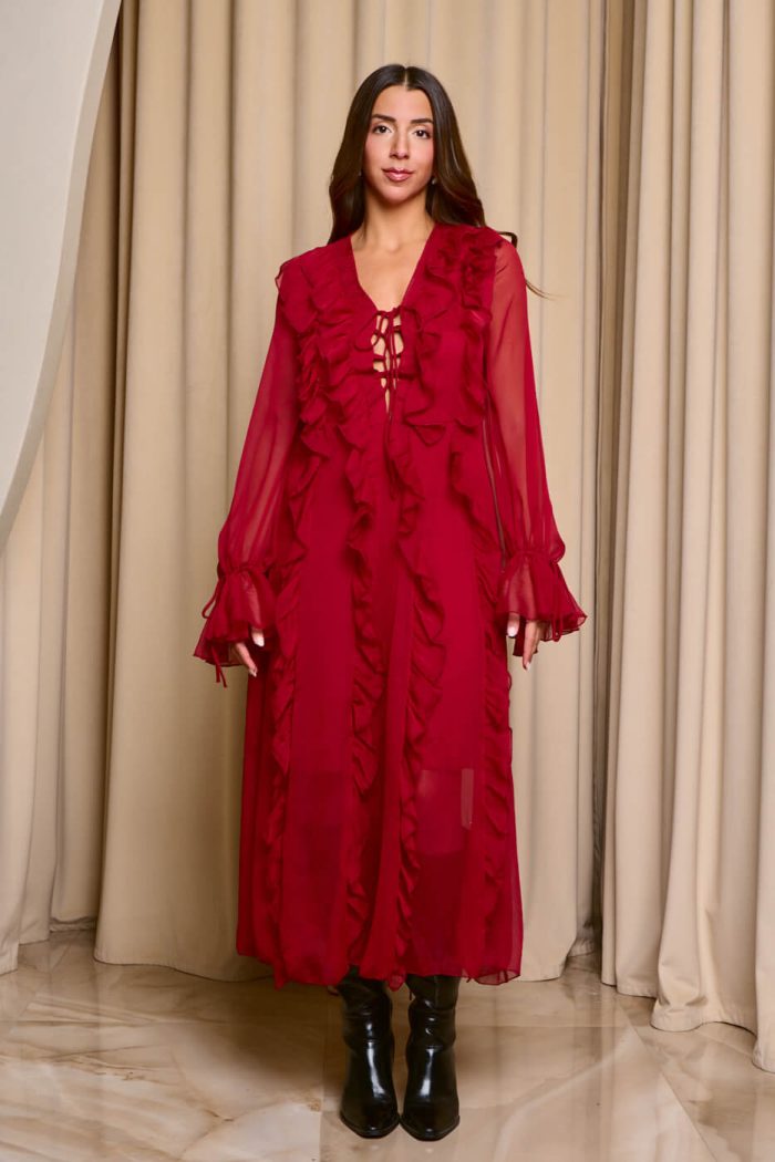 Φόρεμα maxi see through με φραμπαλά κόκκινο - Image 3