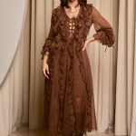 Φόρεμα maxi see through με φραμπαλά καφέ