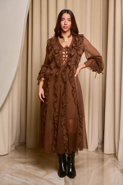 Φόρεμα maxi see through με φραμπαλά καφέ