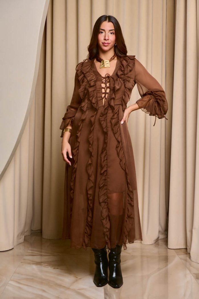 Φόρεμα maxi see through με φραμπαλά καφέ