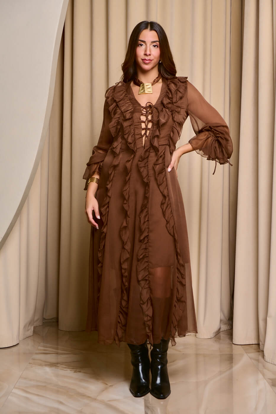 Φόρεμα maxi see through με φραμπαλά καφέ