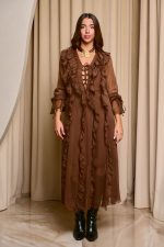 Φόρεμα maxi see through με φραμπαλά καφέ - Image 2