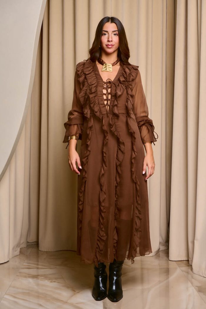 Φόρεμα maxi see through με φραμπαλά καφέ - Image 2