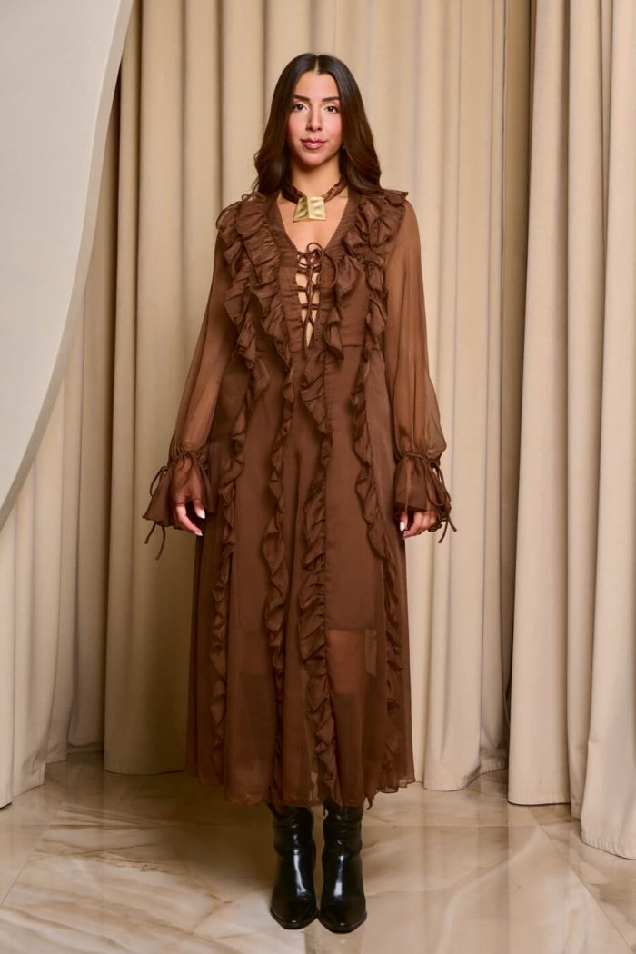 Φόρεμα maxi see through με φραμπαλά καφέ - Image 3