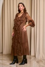 Φόρεμα maxi see through με φραμπαλά καφέ - Image 4