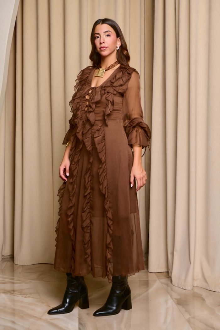 Φόρεμα maxi see through με φραμπαλά καφέ - Image 5