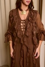 Φόρεμα maxi see through με φραμπαλά καφέ - Image 7