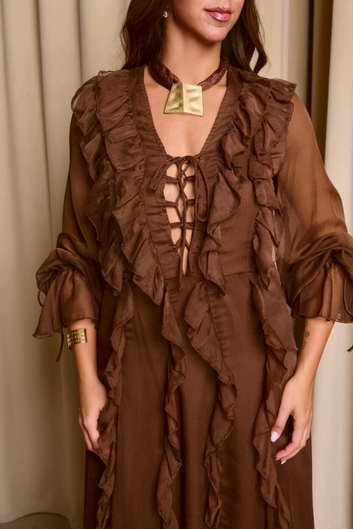 Φόρεμα maxi see through με φραμπαλά καφέ - Image 7