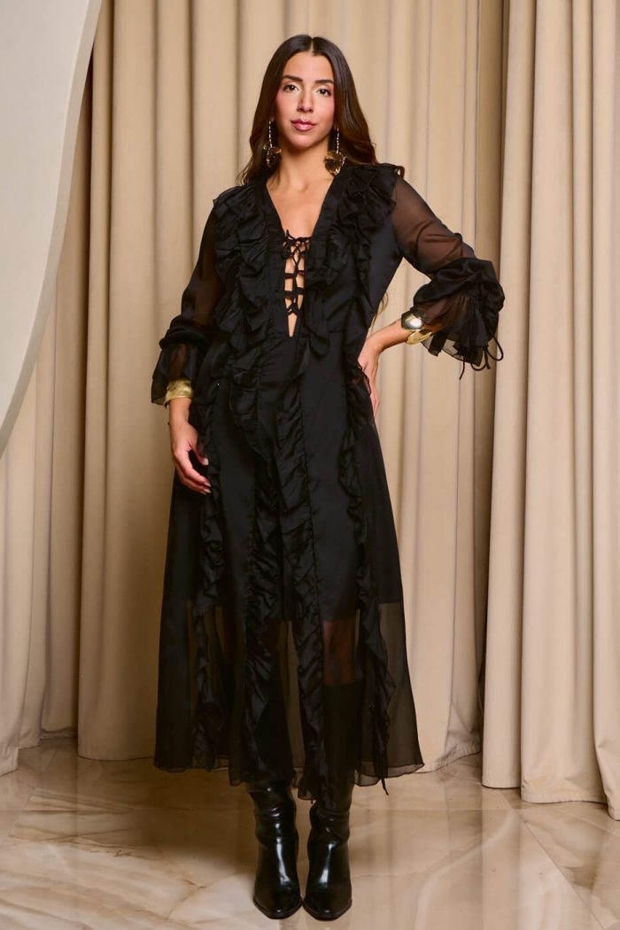 Φόρεμα maxi see through με φραμπαλά μαύρο - Image 4