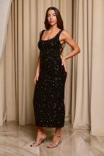 Φόρεμα maxi velvet με παγιέτες και χάντρες μαύρο - Image 4