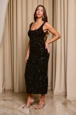 Φόρεμα maxi velvet με παγιέτες και χάντρες μαύρο - Image 5