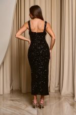 Φόρεμα maxi velvet με παγιέτες και χάντρες μαύρο - Image 7