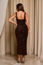 Φόρεμα maxi velvet με παγιέτες και χάντρες καφέ - Image 6